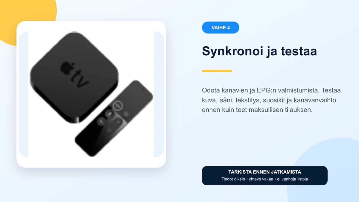 IPTV Apple TV ohjeet vaihe 4 – Synkronoi ja testaa