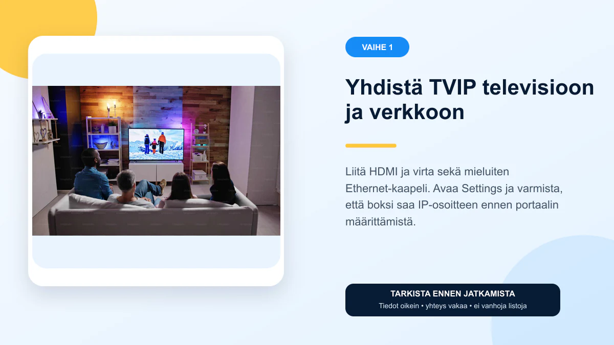 IPTV TVIP ohjeet vaihe 1 – Yhdistä TVIP televisioon ja verkkoon