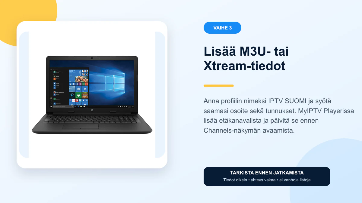 IPTV Windows ohjeet vaihe 3 – Lisää M3U- tai Xtream-tiedot