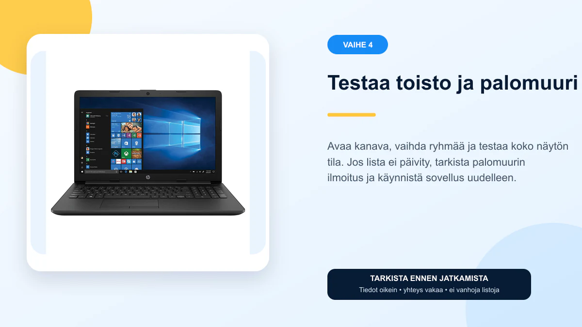 IPTV Windows ohjeet vaihe 4 – Testaa toisto ja palomuuri